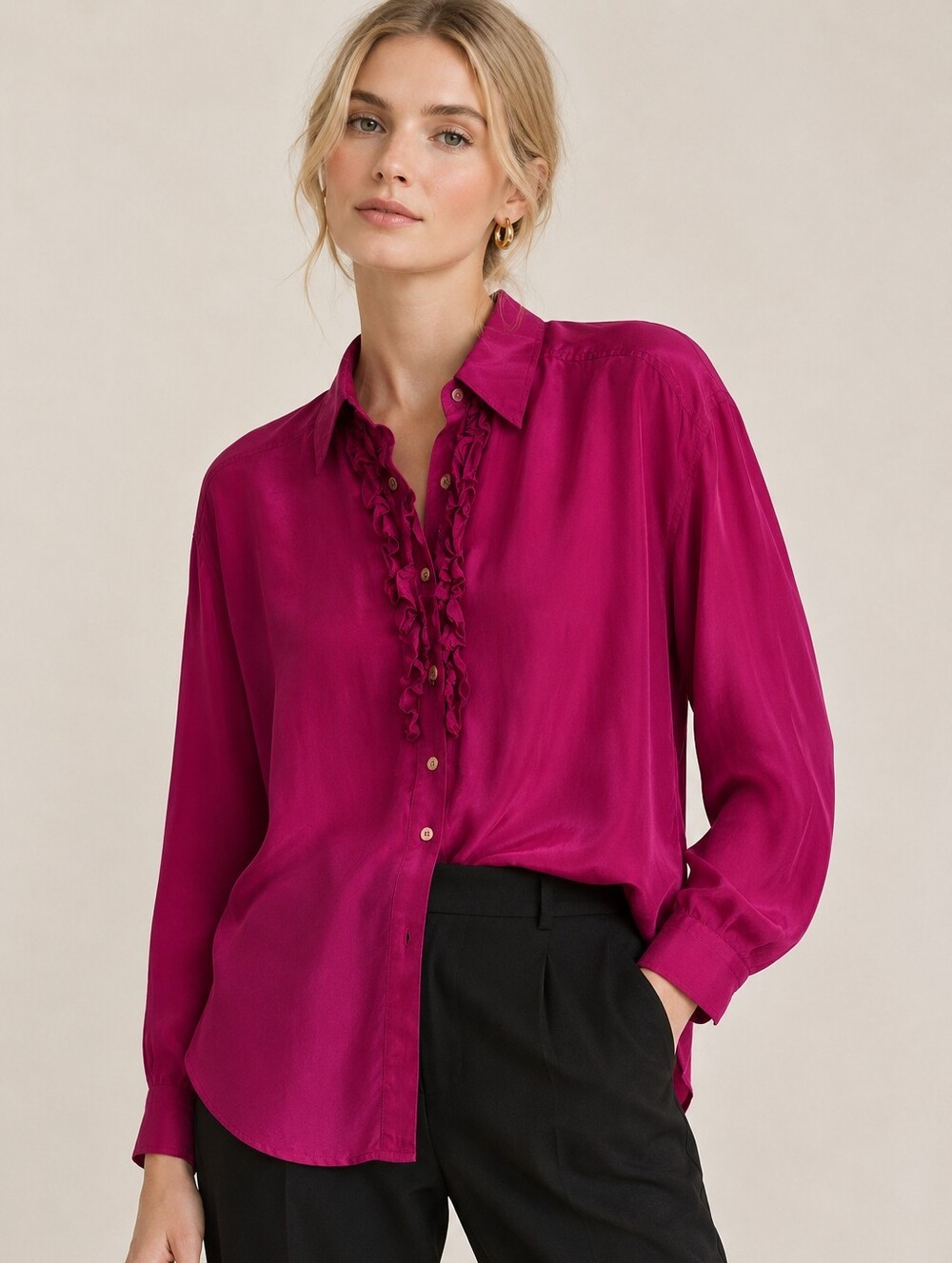 Sunny Leigh Women 100% silk Fucsia Button-up Blouse Ruffled Quiet Luxury Vintage